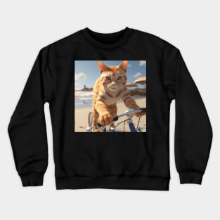 Ginger Cat Riding A Bicycle Along The Beach Crewneck Sweatshirt